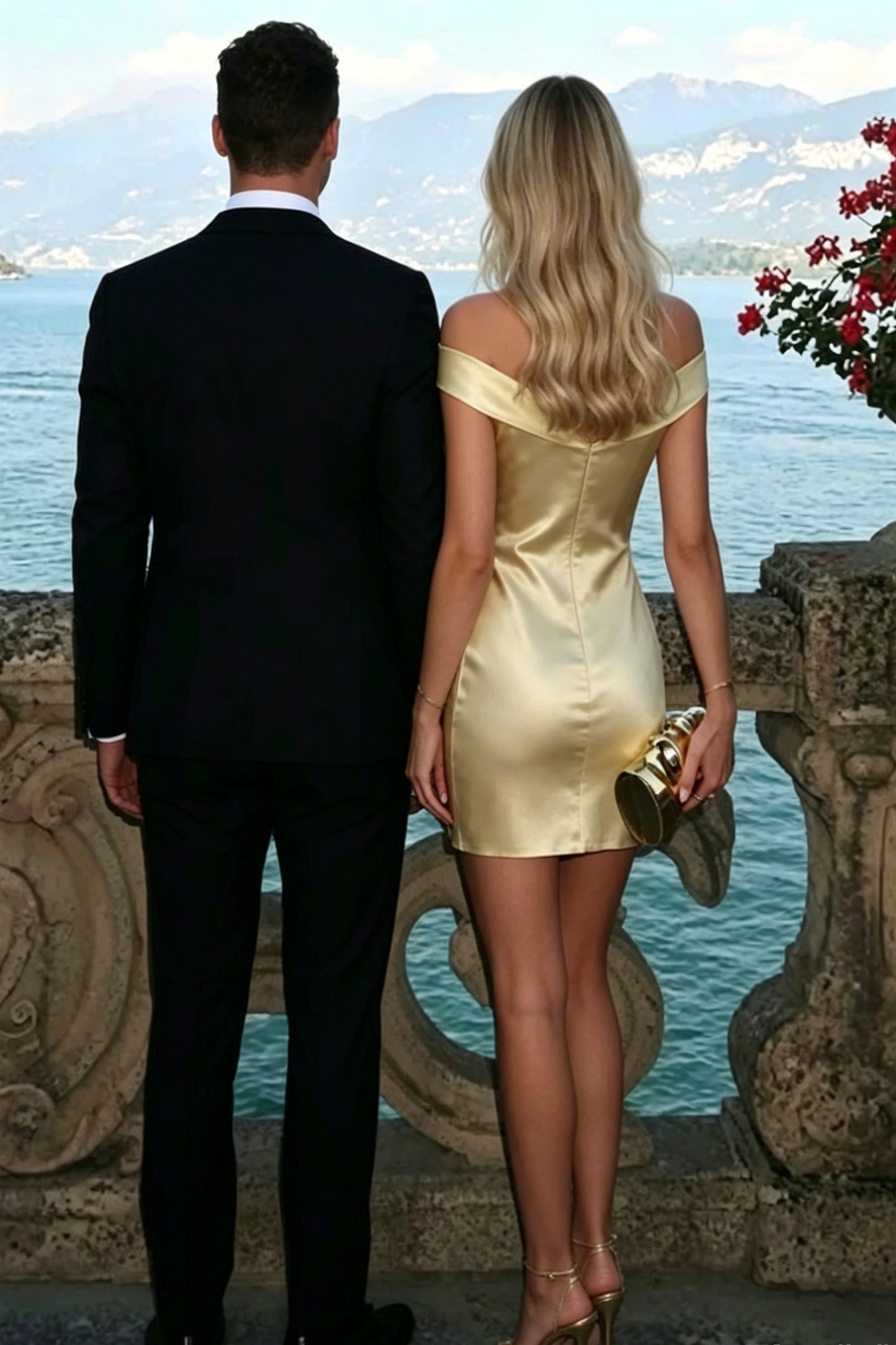 Off-the-Shoulder Satin Mini Cocktail Dress