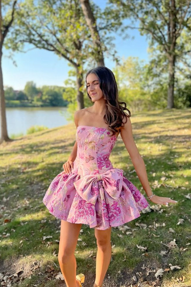 Strapless Jacquard Bubble Skirt Mini Dress