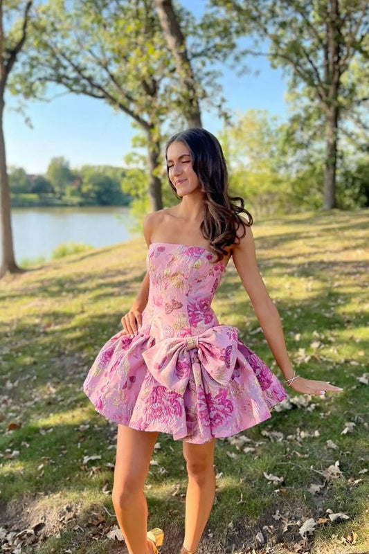 Strapless Jacquard Bubble Skirt Mini Dress