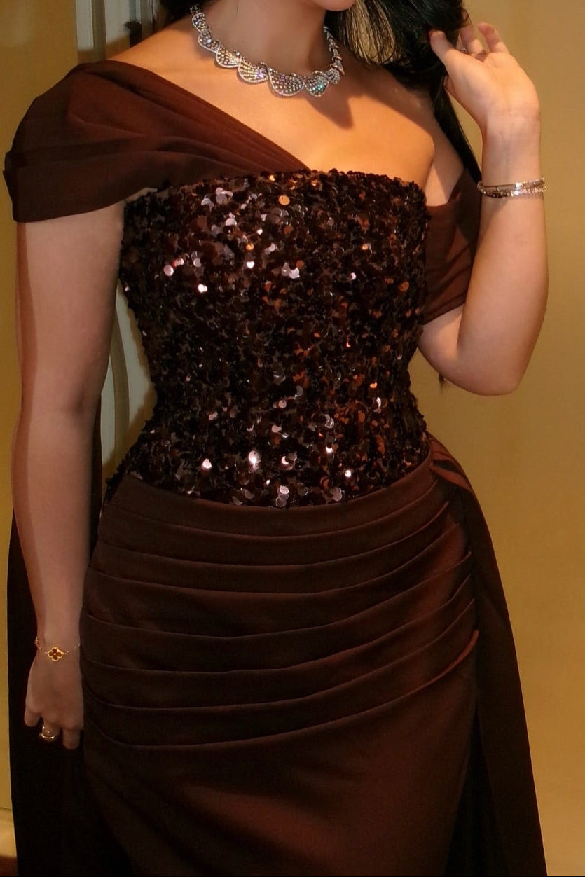 Sequin Bodice Asymmetrical Gown with Ruched Skirt