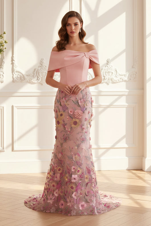 Off-the-Shoulder 3D Floral Embroidered Mermaid Gown