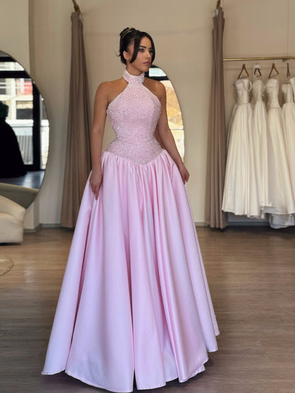 High Neck Beaded Corset Satin Ball Gown