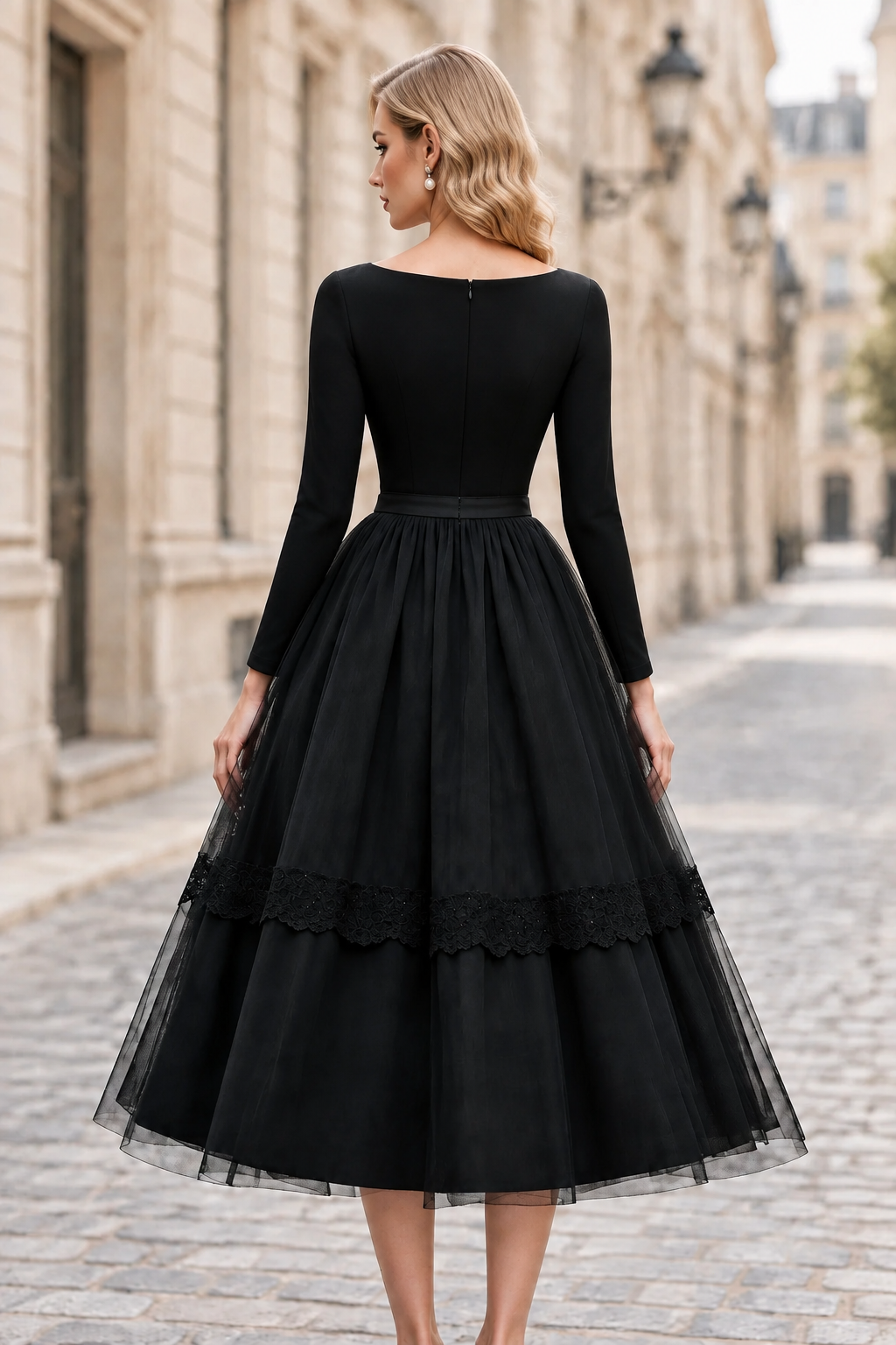 Long Sleeve Tulle Midi Dress with Lace Trim