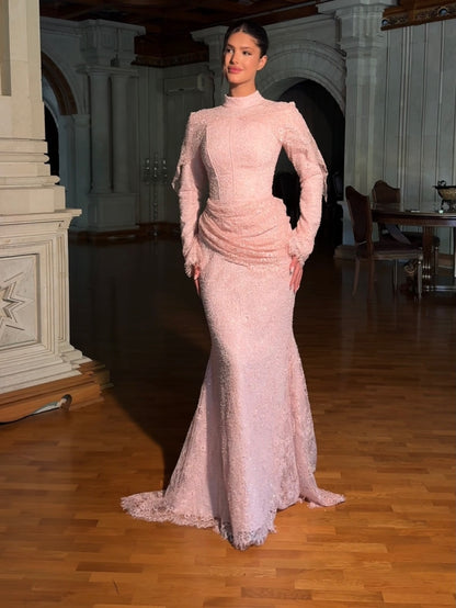 High Neck Lace Gown with Draped Waist