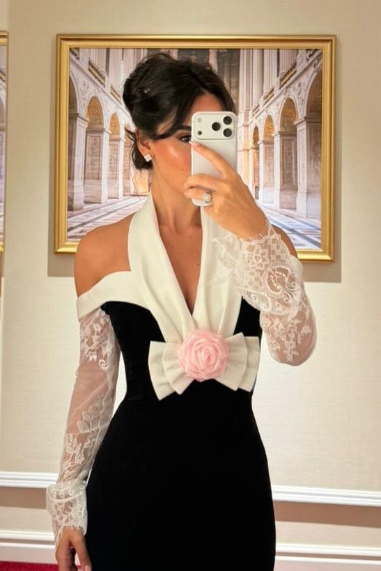 Halter Neck Sheath Gown with Lace Sleeves