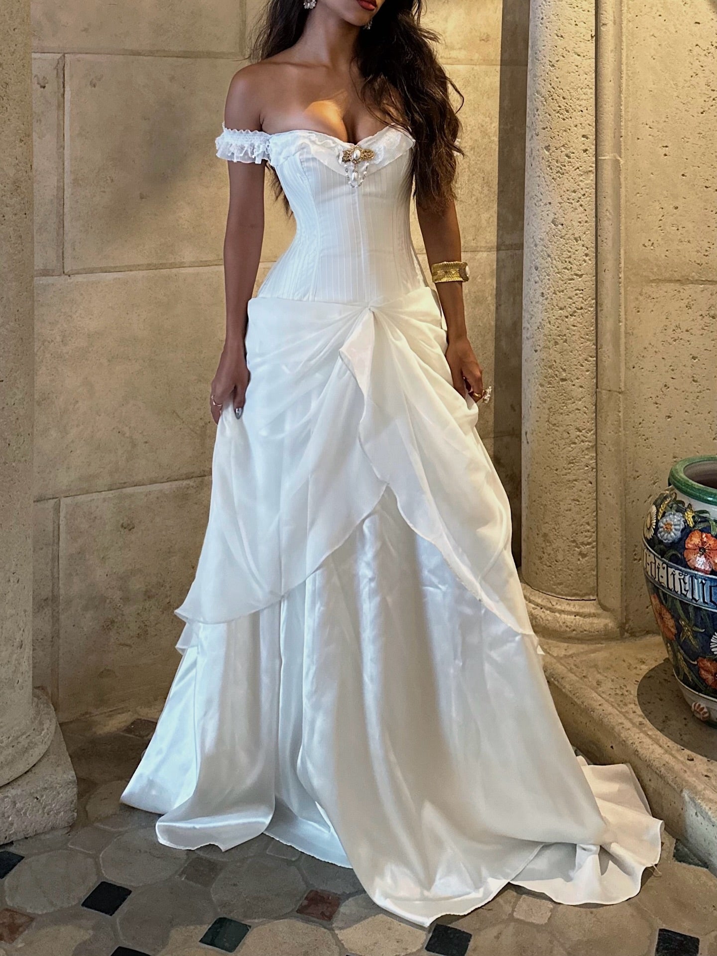 Off-the-Shoulder Corset Wedding Dress with Pick-Up Skirt