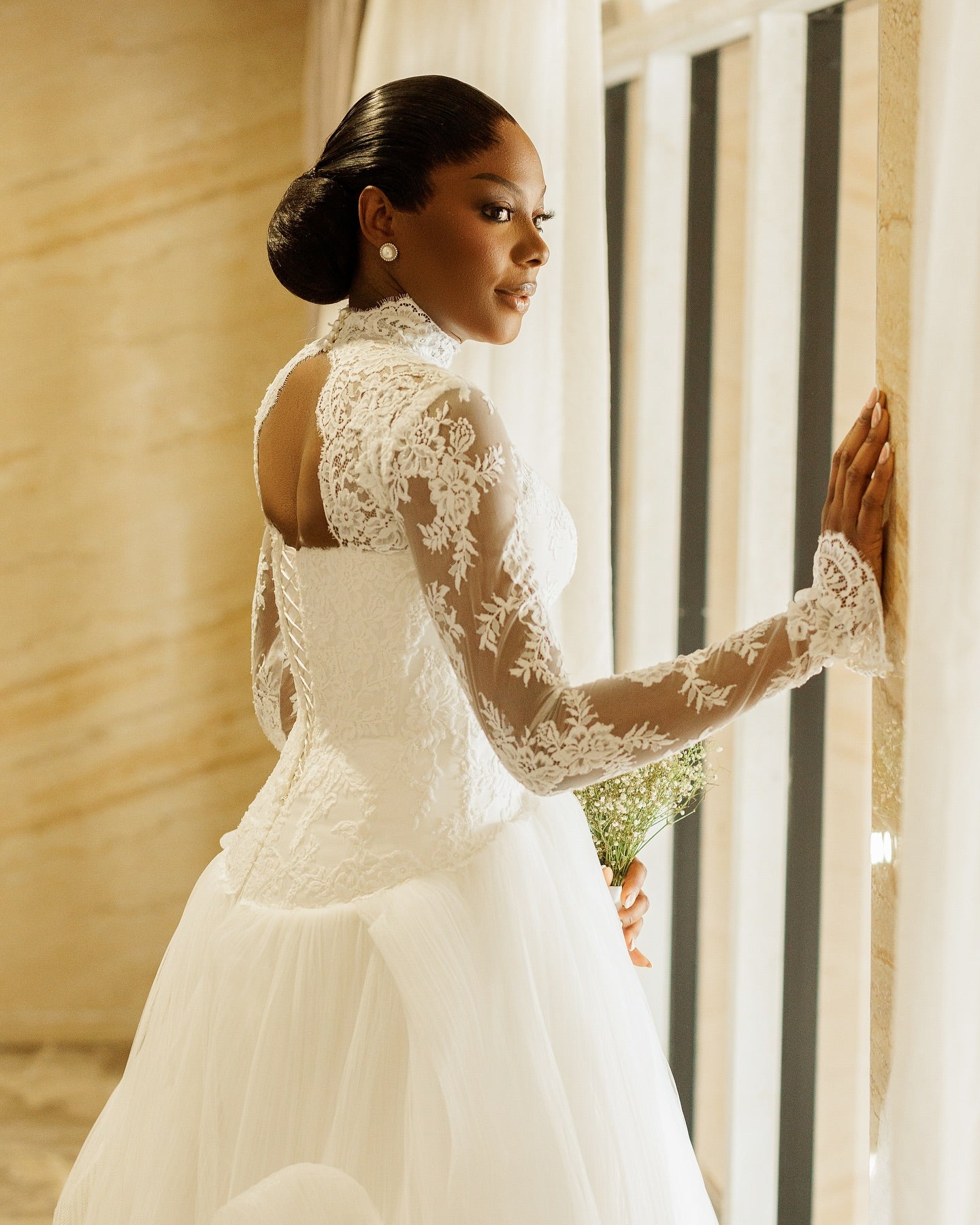 High Neck Lace Long Sleeve Ball Gown Wedding Dress