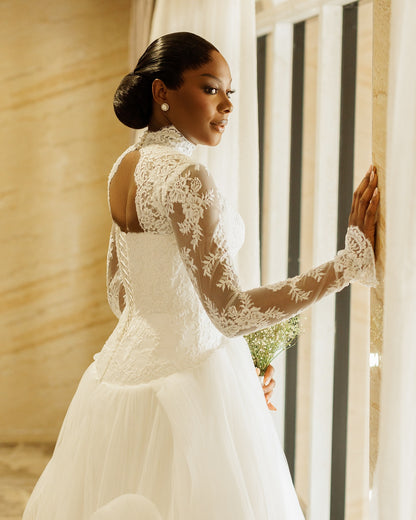 High Neck Lace Long Sleeve Ball Gown Wedding Dress