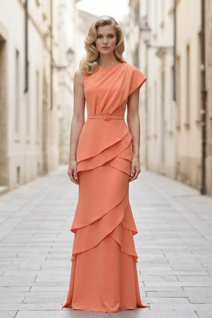 Asymmetrical Tiered Evening Gown with Belt