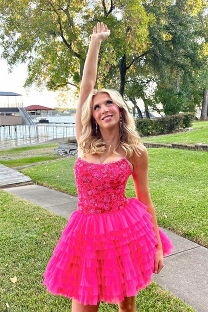 Strapless Beaded Bodice Tiered Tulle Mini Dress