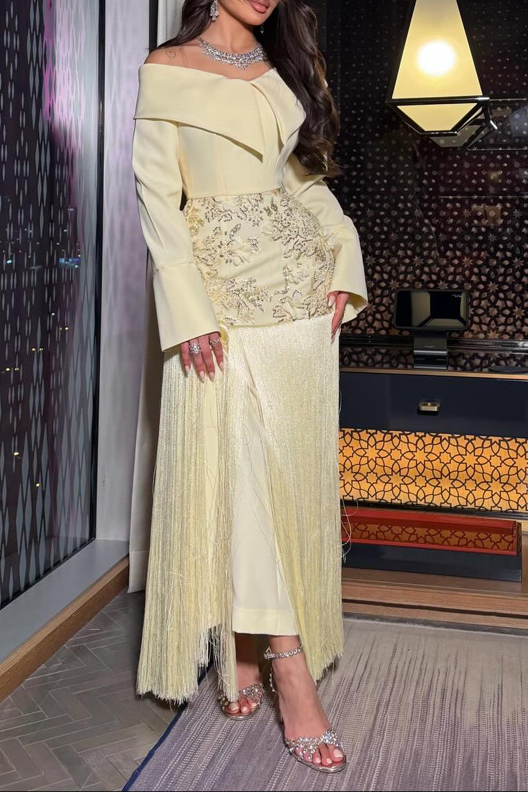 Off-The-Shoulder Embroidered Fringe Maxi Dress