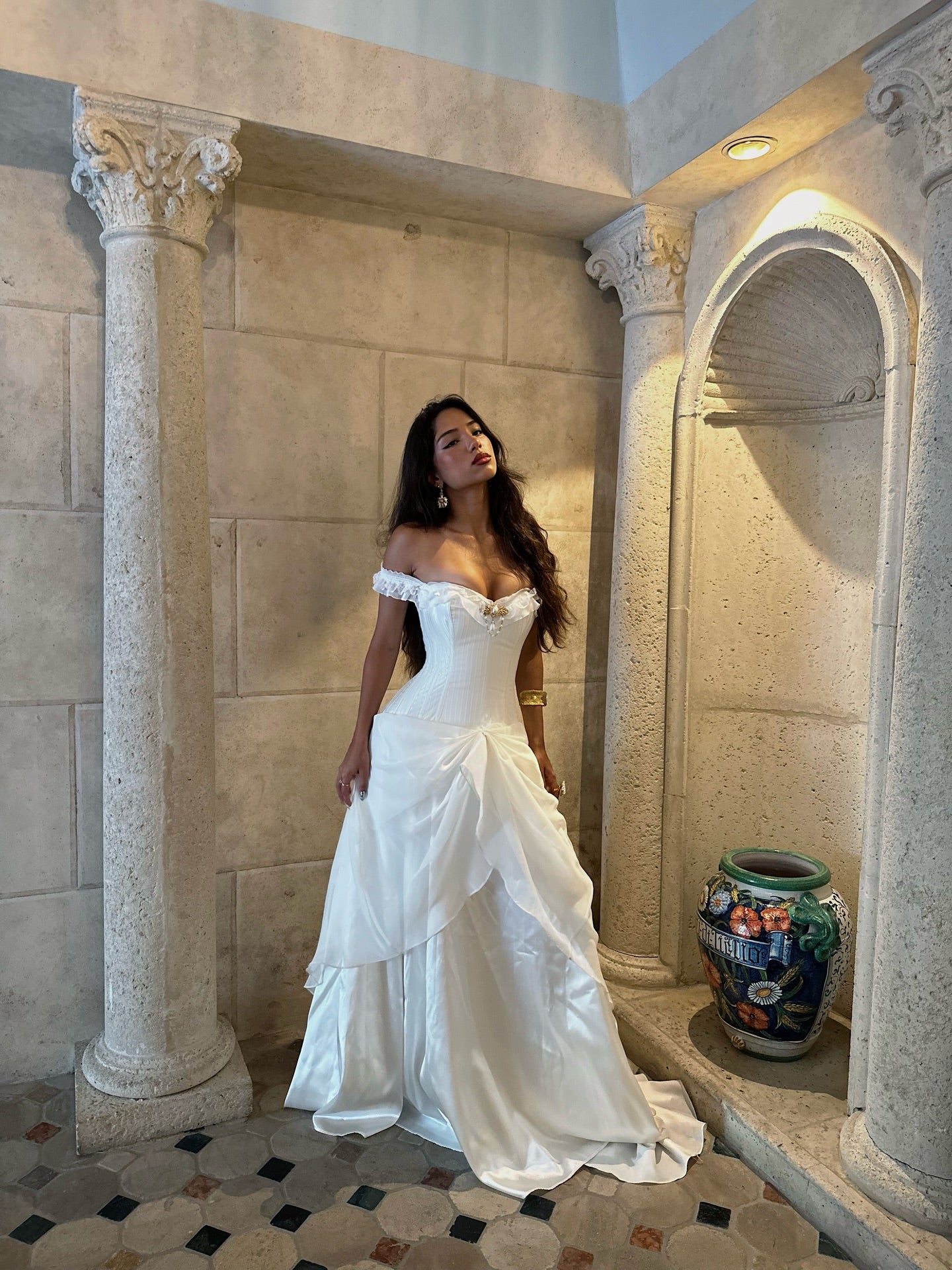 Off-the-Shoulder Corset Wedding Dress with Pick-Up Skirt