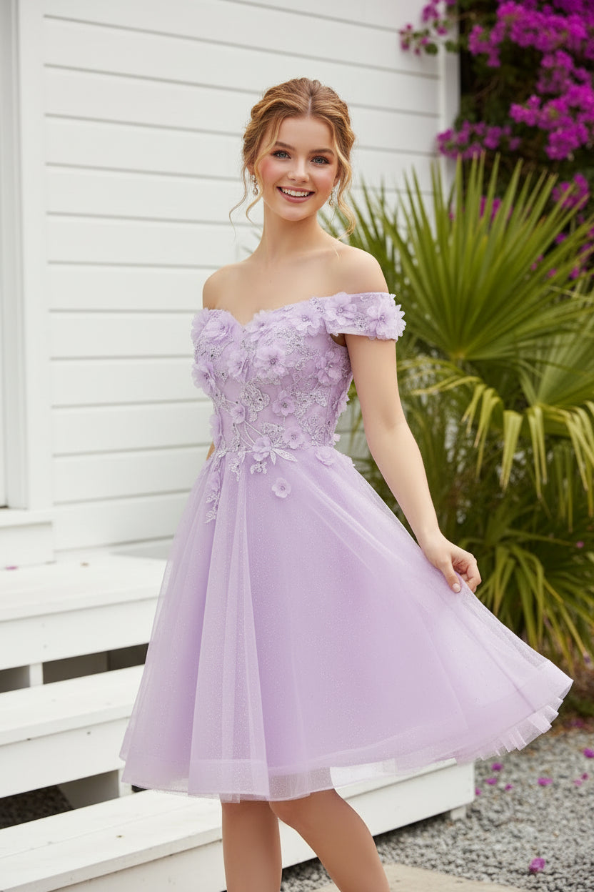 Off-the-Shoulder 3D Floral A-Line Short Tulle Dress