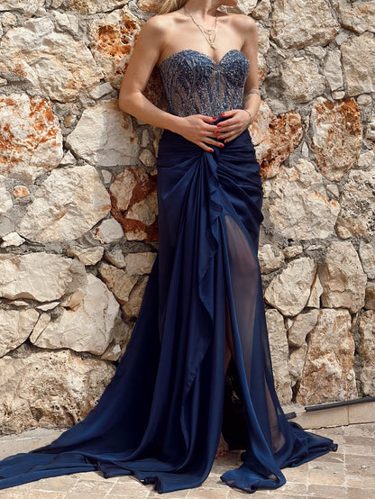Strapless Sweetheart Beaded Corset Evening Dress