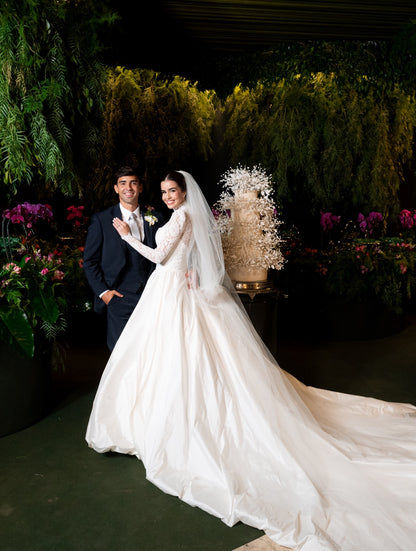 Long Sleeve Lace Bodice Ball Gown Wedding Dress