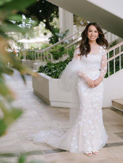 Illusion Long Sleeve 3D Floral Wedding Dress