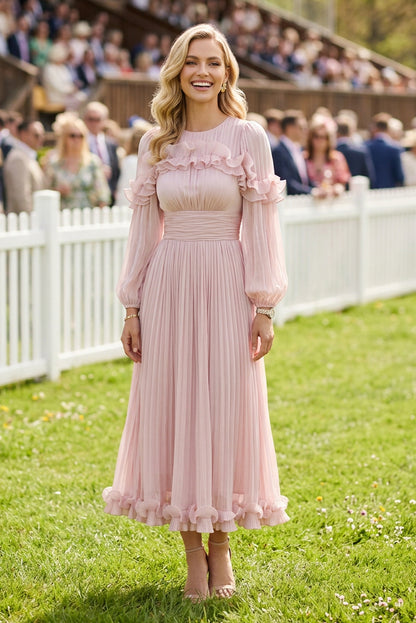 Pleated Ruffle Midi Dress with Bishop Sleeves