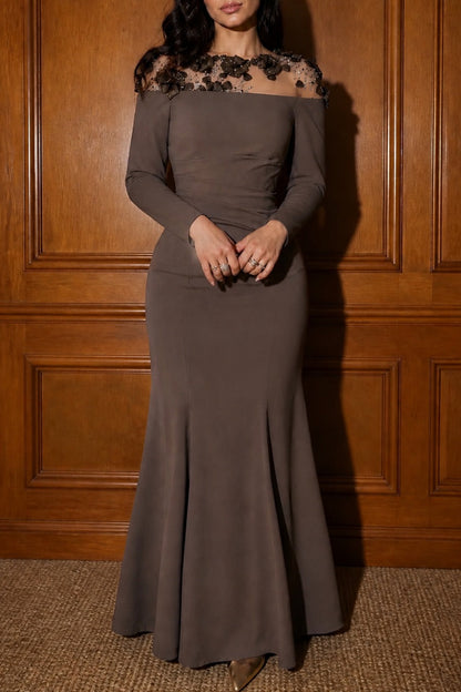 Beaded Illusion Long Sleeve Mermaid Evening Gown