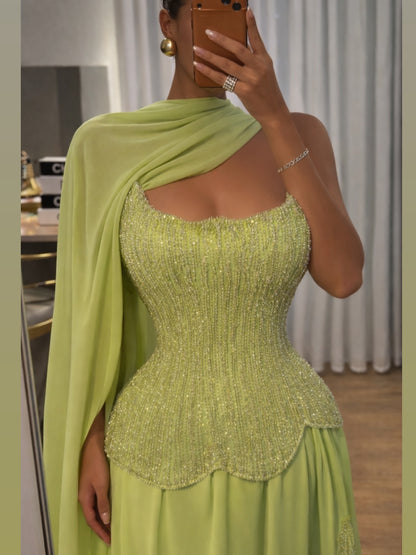 Beaded Corset Evening Gown with Draped Cape