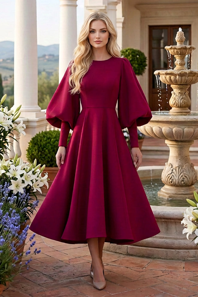 Puff Sleeve A-Line Midi Dress