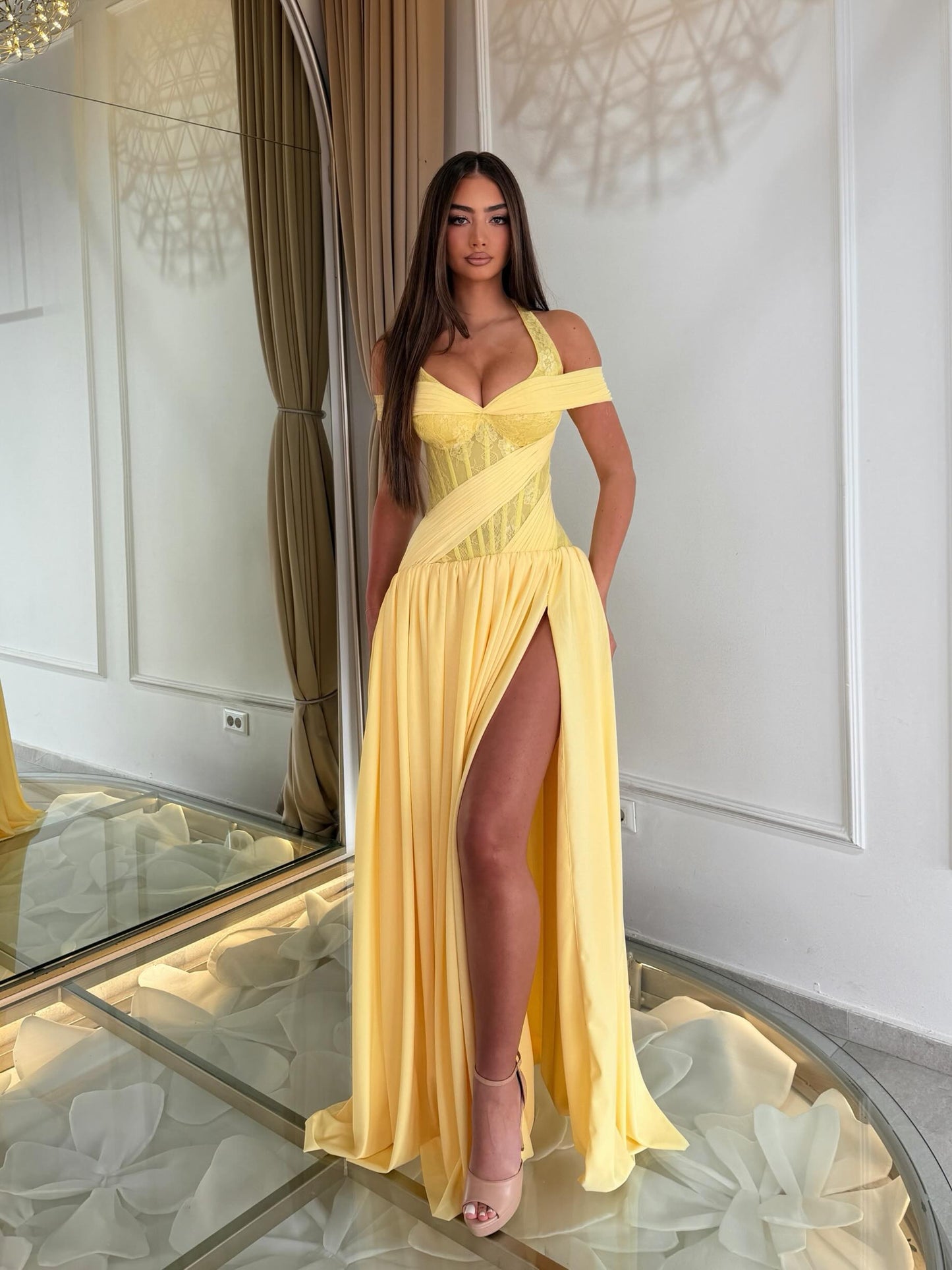Pleated Corset Halter Evening Gown with Slit