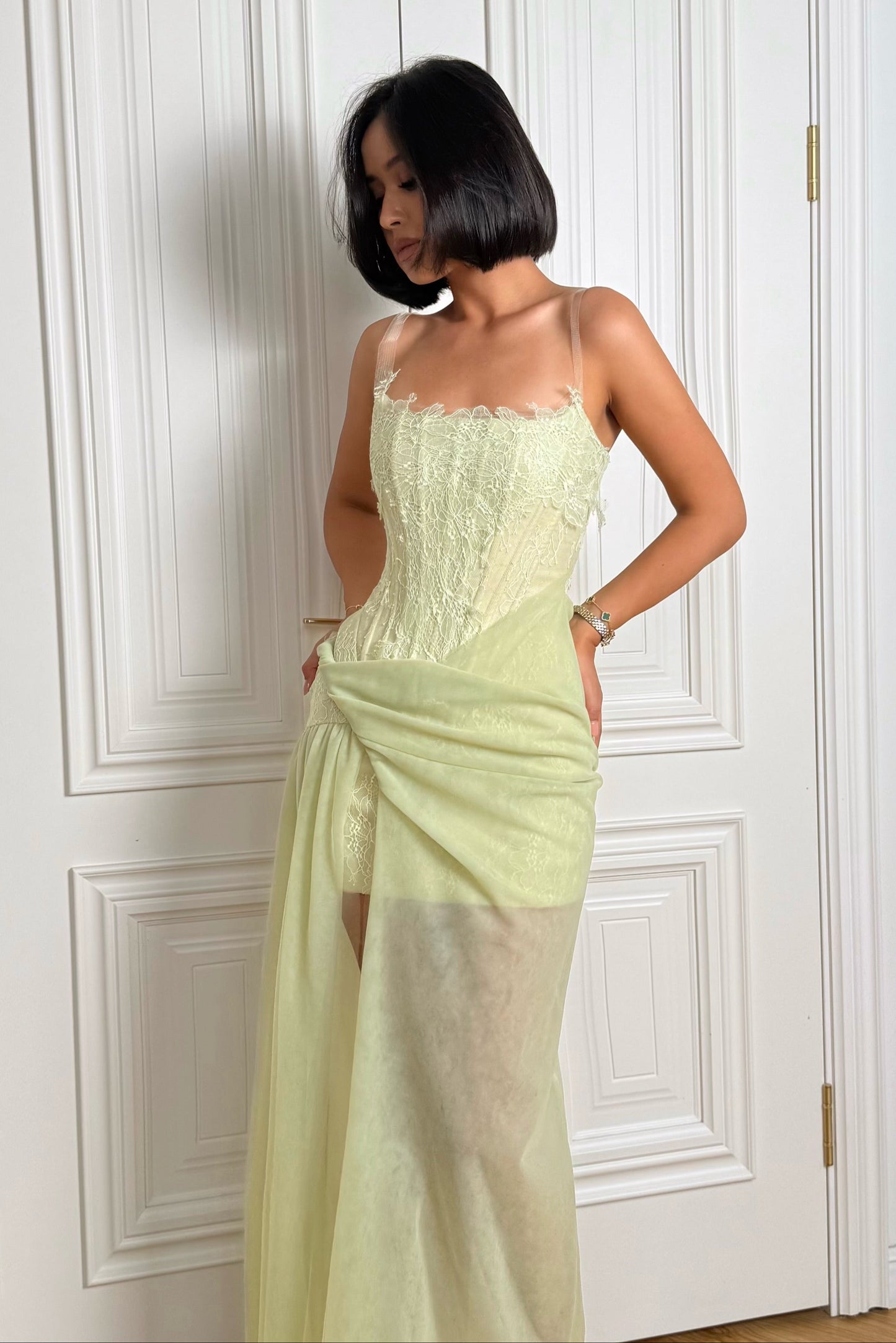 Corset Lace Maxi Dress with Draped Tulle Skirt