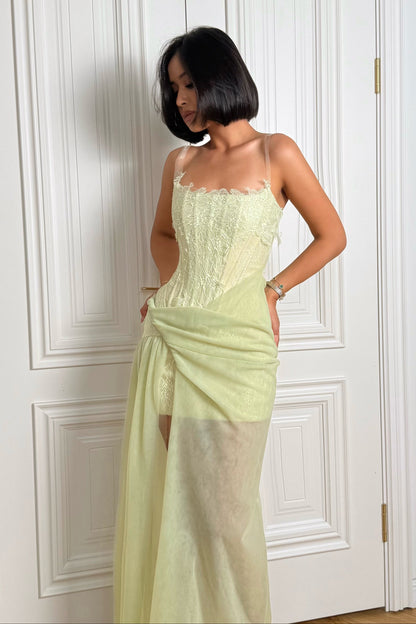 Corset Lace Maxi Dress with Draped Tulle Skirt