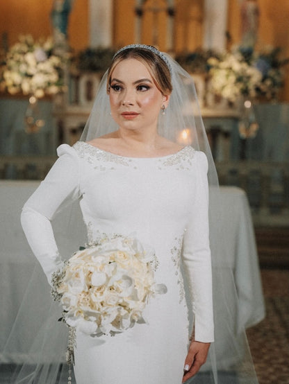 Long Sleeve Crepe Mermaid Wedding Dress with Train
