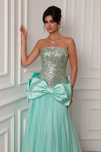 Strapless Beaded Bodice Gown with Statement Bow