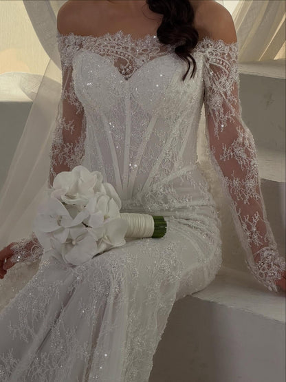 Off-the-Shoulder Corset Lace Mermaid Wedding Dress