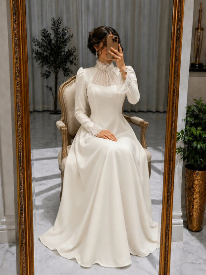 High Neck Lace Long Sleeve A-Line Gown
