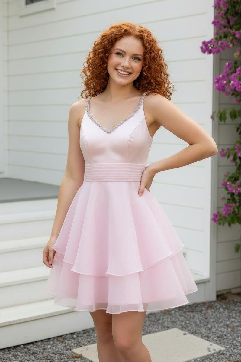 Tiered Short Dress with Beaded V-Neck