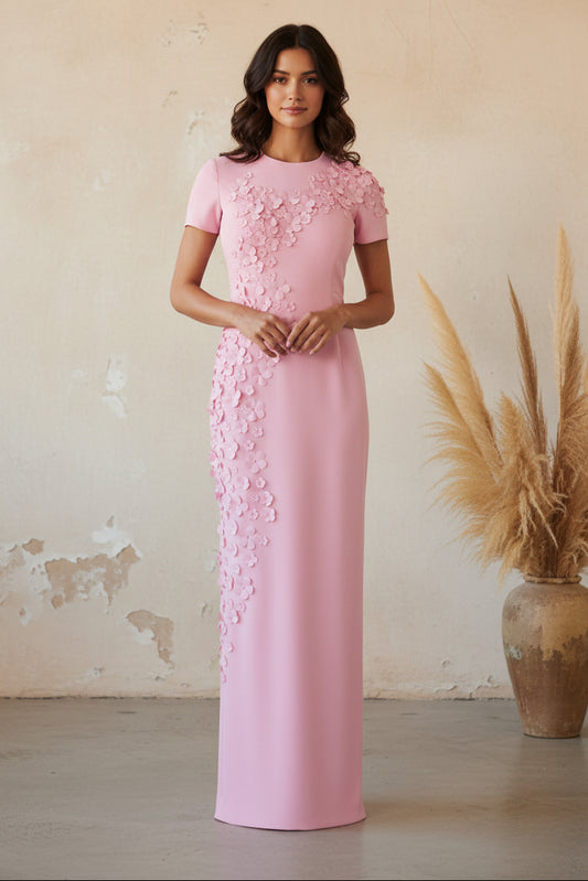 3D Floral Applique Short Sleeve Column Gown