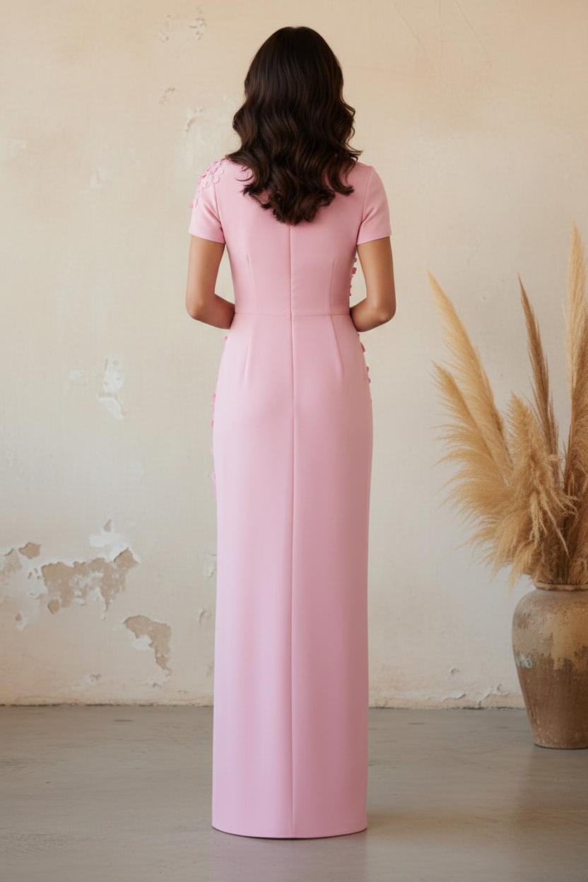 3D Floral Applique Short Sleeve Column Gown