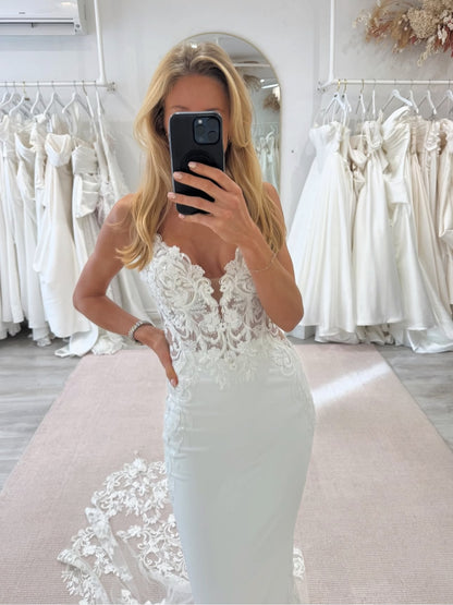 Spaghetti Strap Lace and Crepe Mermaid Wedding Gown