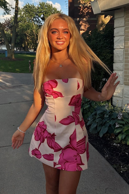 Strapless Floral Print Satin Mini Dress
