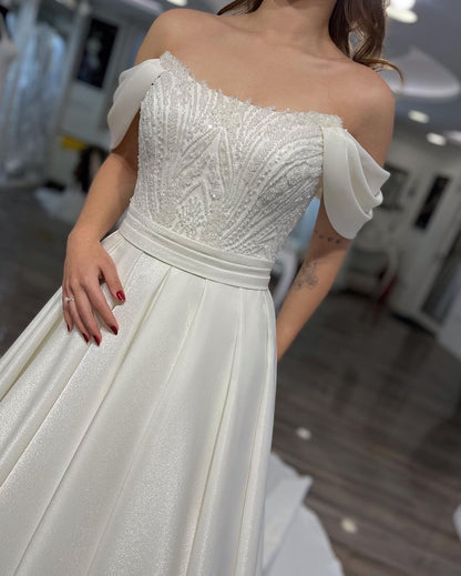 Beaded Off-the-Shoulder Corset Back Wedding Dress