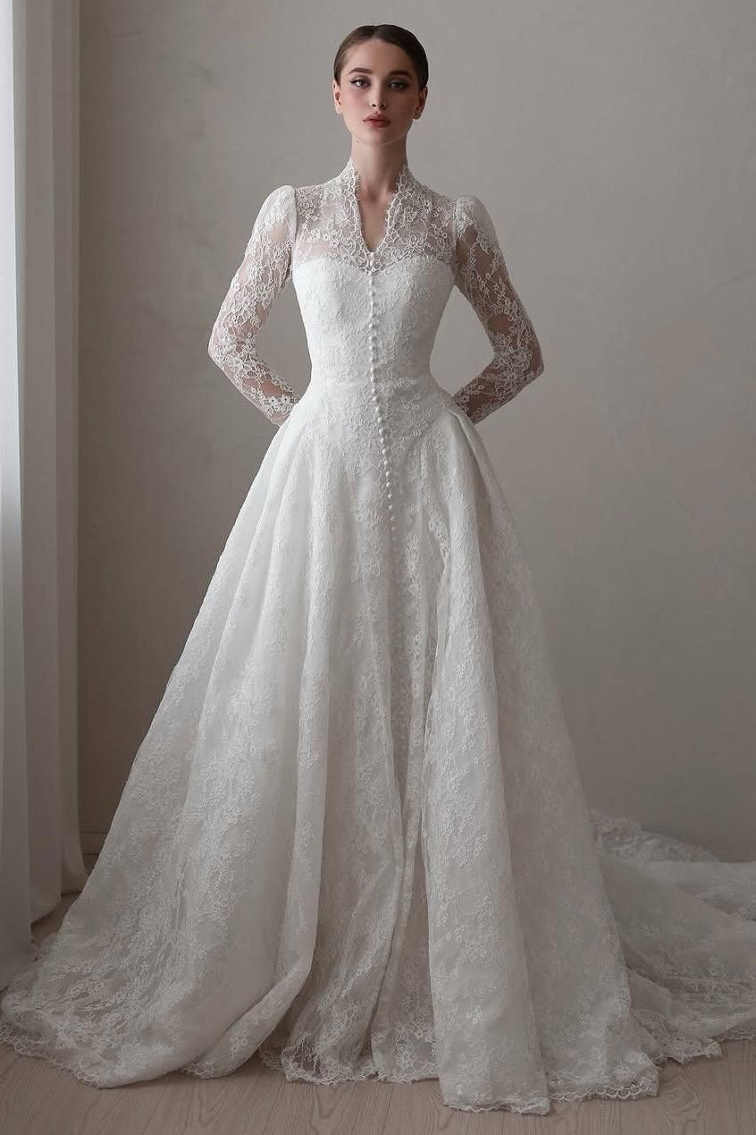 High Neck Lace A-line Wedding Dress with Long Sleeves