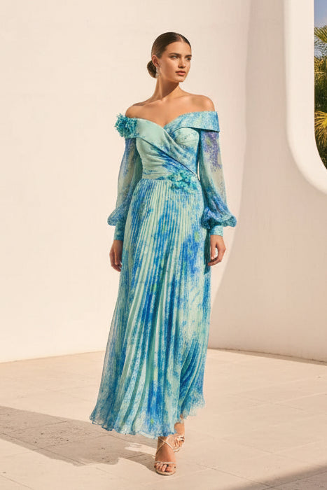 Off Shoulder Floral Pleated Midi Dress with Hat