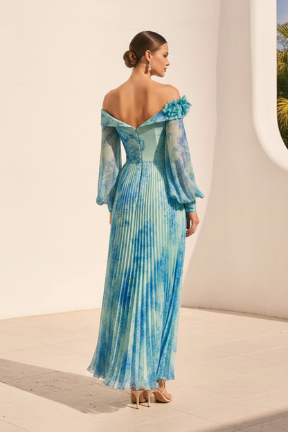 Off Shoulder Floral Pleated Midi Dress with Hat
