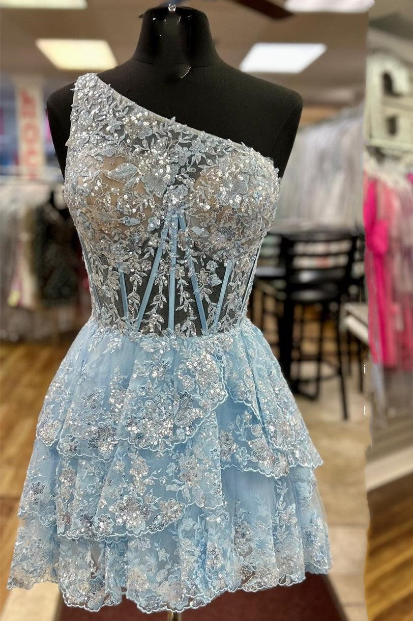 One-Shoulder Corset Tiered Lace Homecoming Dress