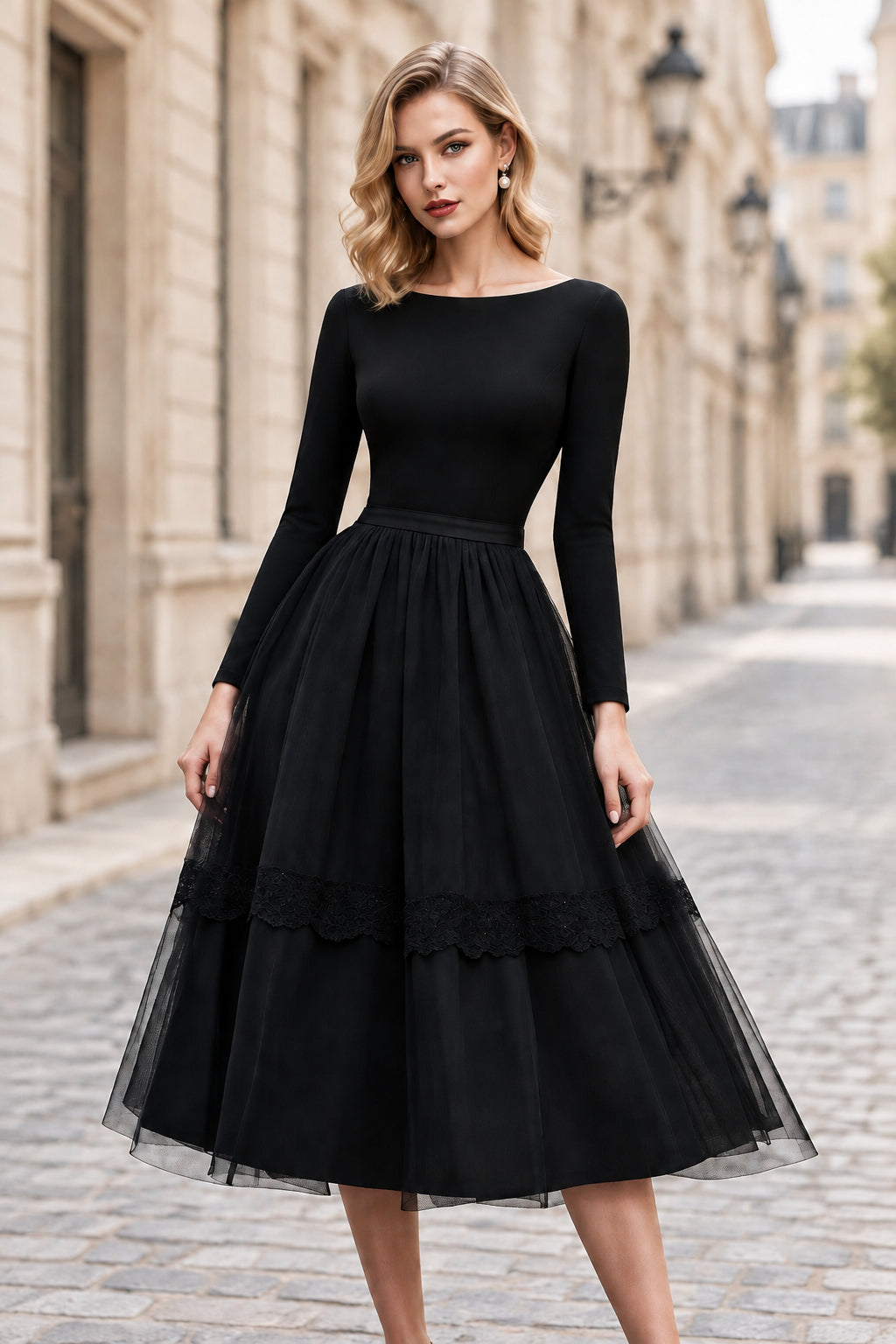 Long Sleeve Tulle Midi Dress with Lace Trim