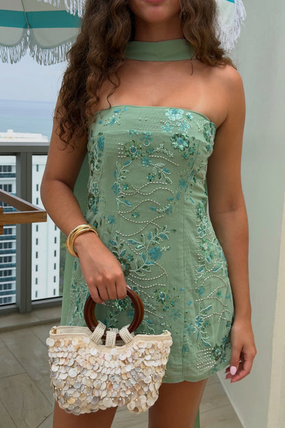 Sequin Floral Embroidered Mini Dress with Choker