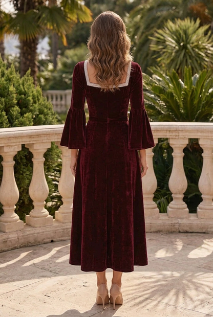Embellished Square Neck Velvet Dress with Bell Sleeves