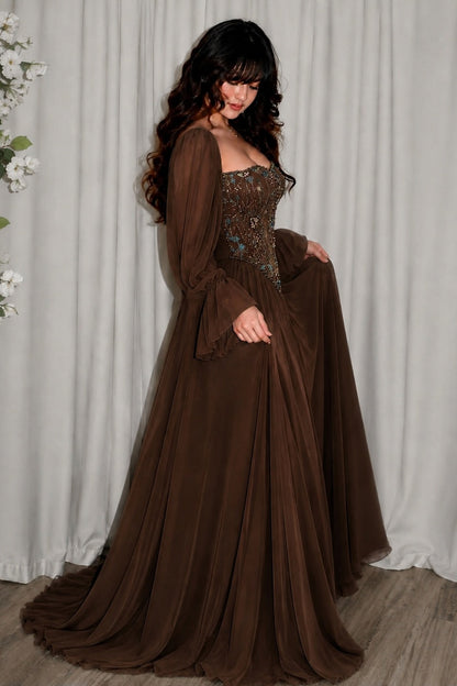 Embroidered Corset Gown with Long Puff Sleeves