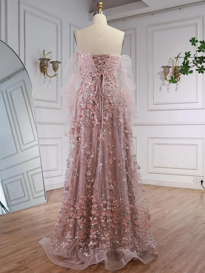 Off-the-Shoulder 3D Floral Tulle A-Line Gown