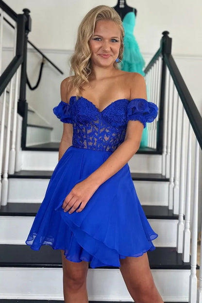 Off-Shoulder Lace Corset Fit-and-Flare Mini Dress