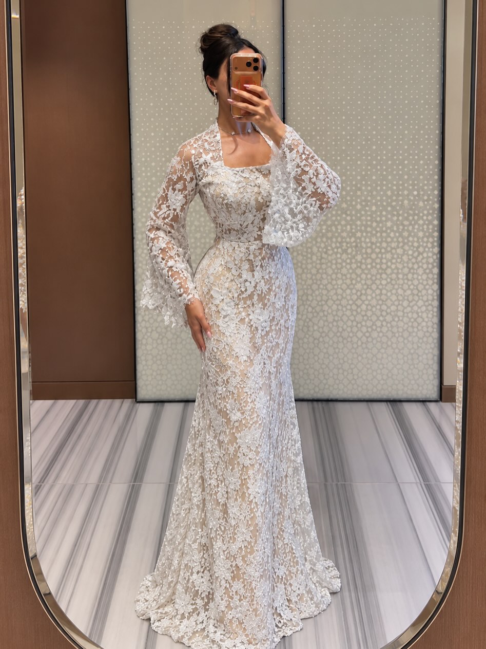 Lace Bell Sleeve Evening Dress with Cut-Out Back