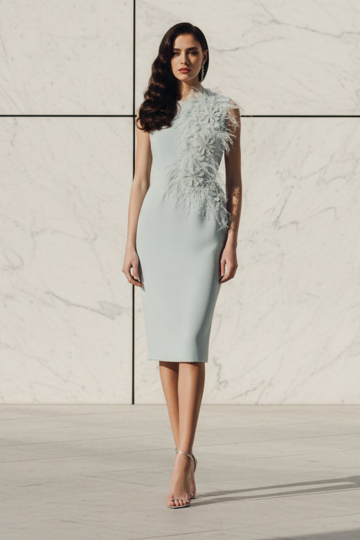 Asymmetrical Feather and 3D Flower Crepe Midi Dress