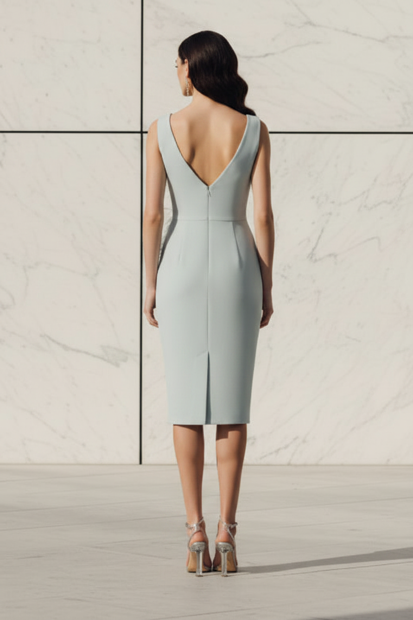 Asymmetrical Feather and 3D Flower Crepe Midi Dress